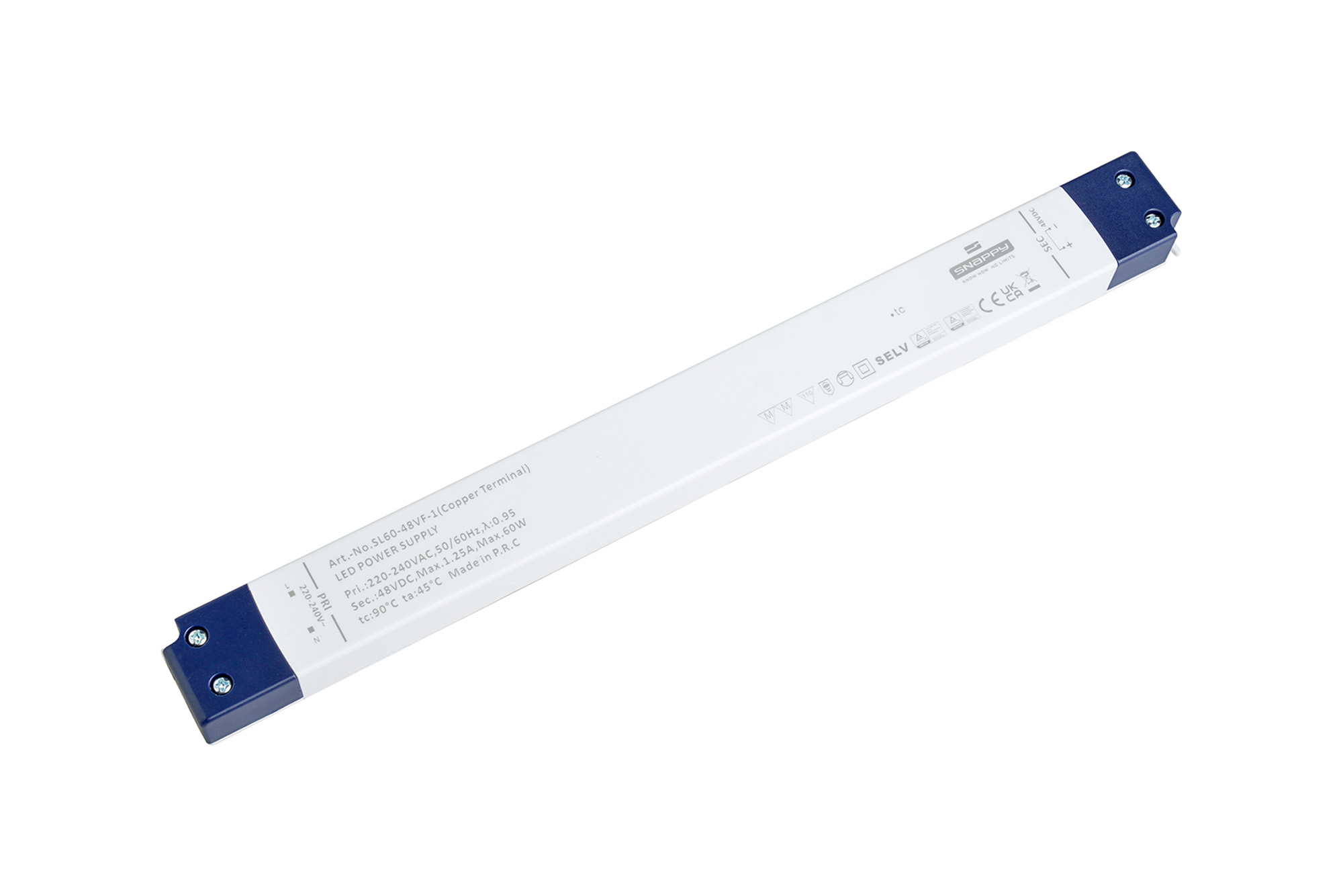 SL60-48VF-1  60W, Constant Voltage Non Dimmable LED Driver, 48VDC, 1.25A, Input 200-240VAC 50/60Hz, IP20.